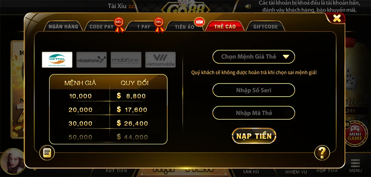 Nạp tiền gamebaidoithuong qua thẻ cào